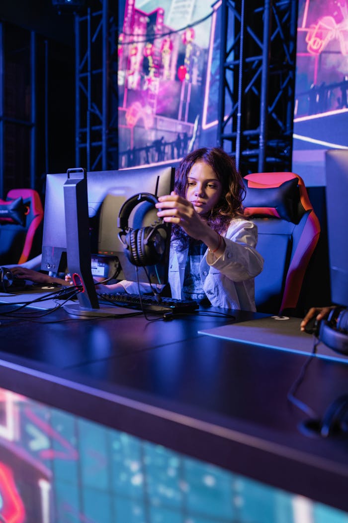 A young woman in a gaming chair adjusting headphones in an esports arena.